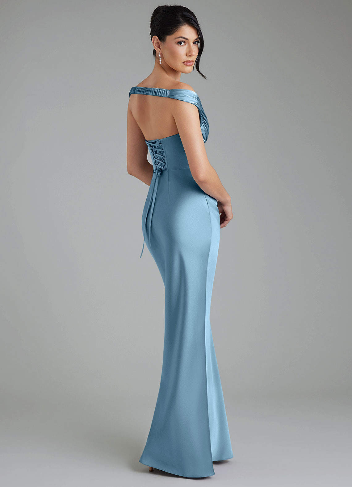 Stella Sheath V-Neck Stretch Satin Bridesmaid Dress in Steel Blue