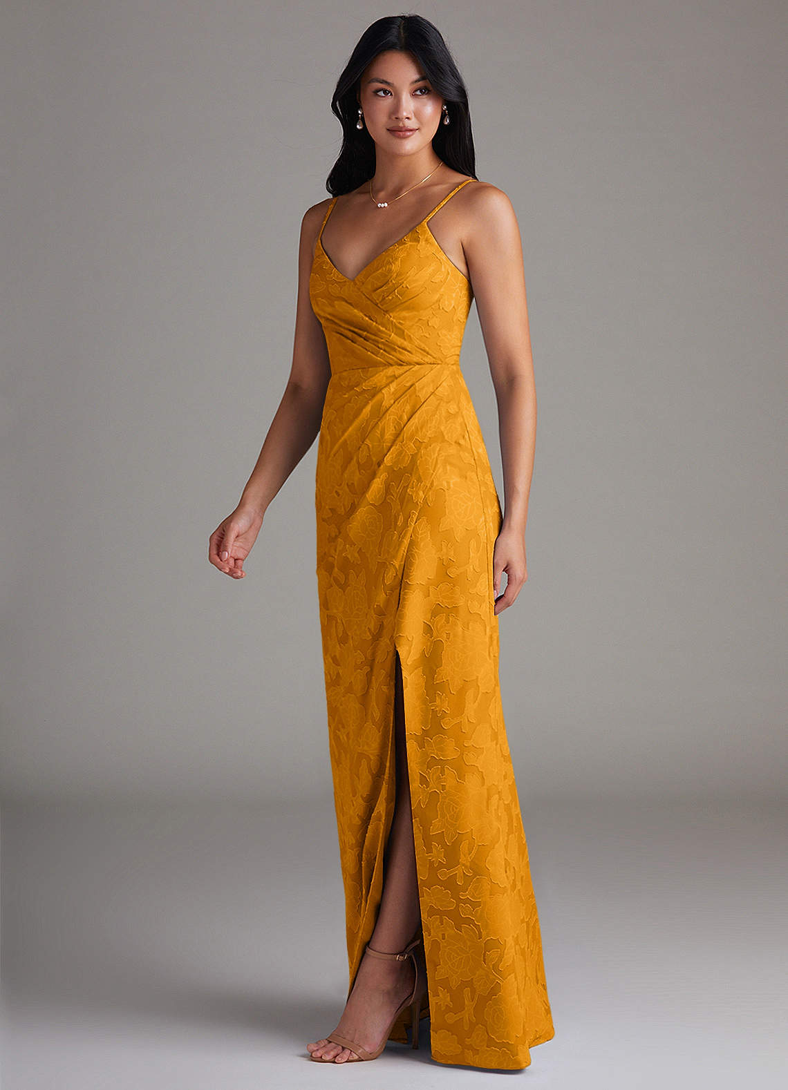 Maci Sheath V-Neck Floral Burnout Bridesmaid Dress in butterscotch