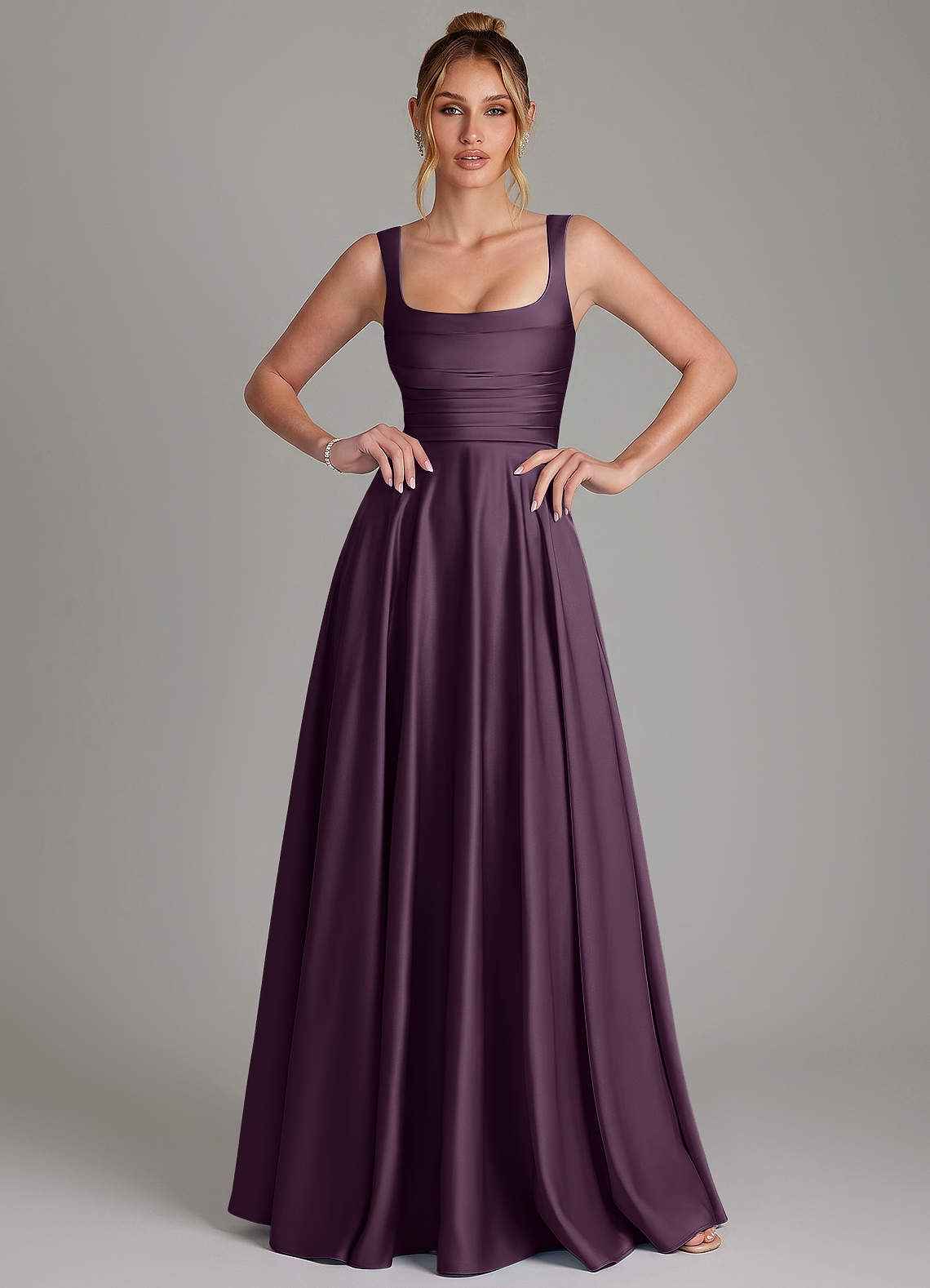 Azaria A-Line Square-Neck Stretch Satin Bridesmaid Dress in Plum