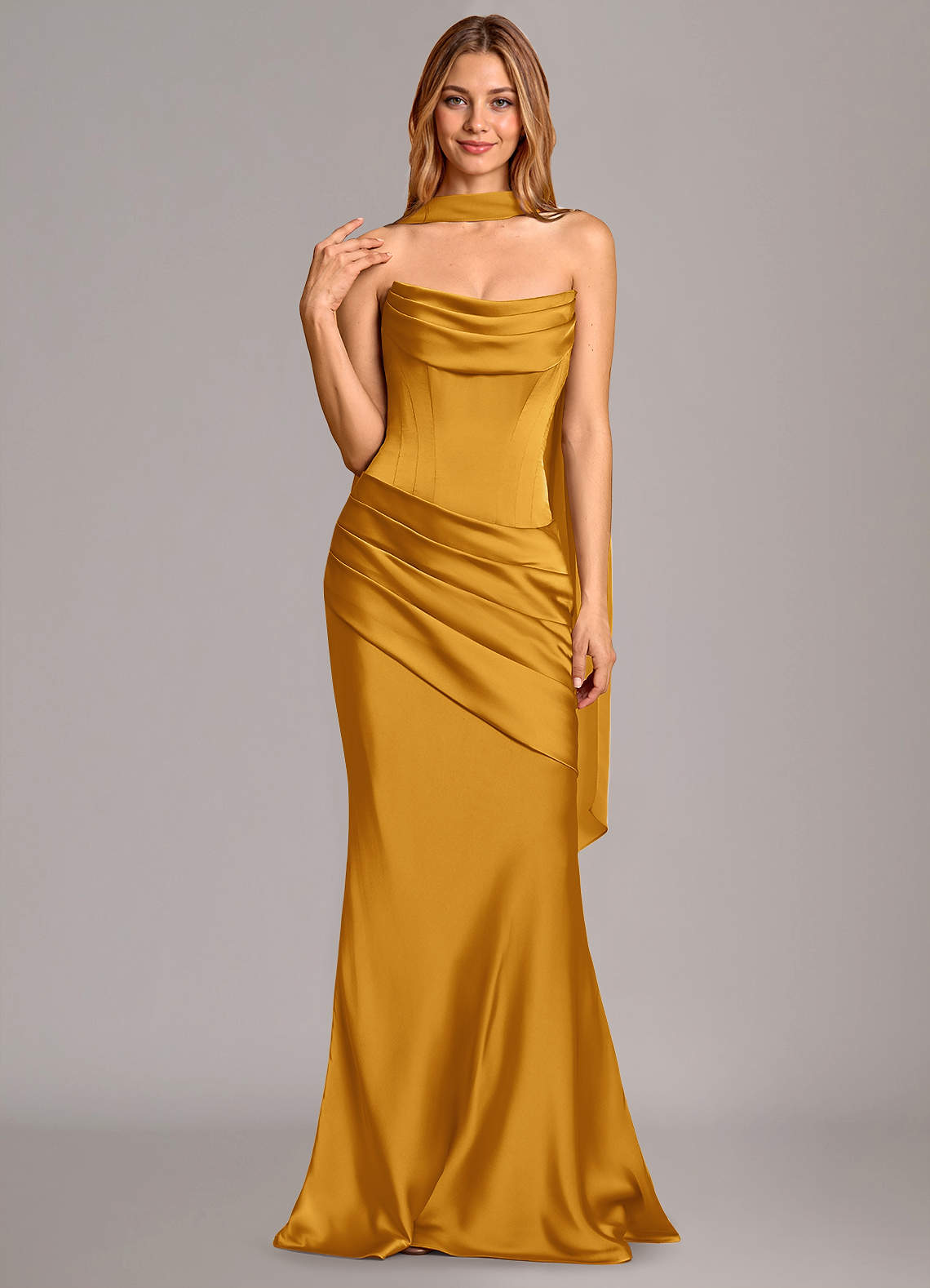 Pelagia Mermaid Cowl-Neck Stretch Satin Bridesmaid Dress in butterscotch