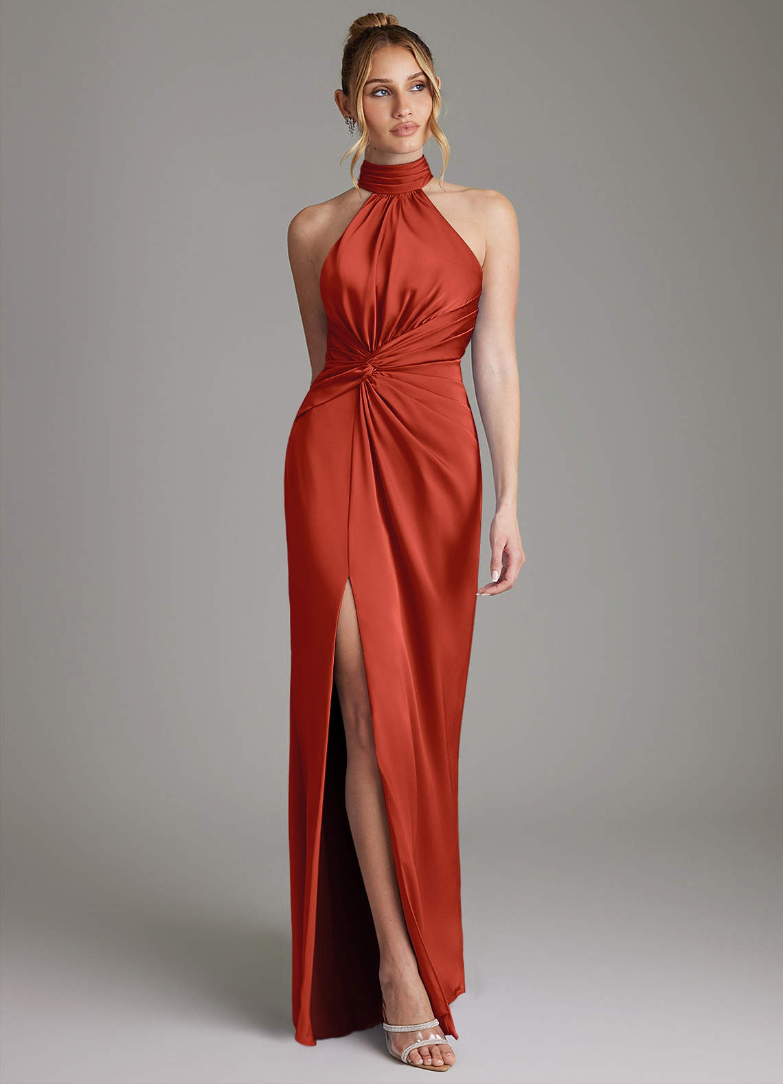 Gracelynn Sheath Halter Stretch Satin Bridesmaid Dress in Rust