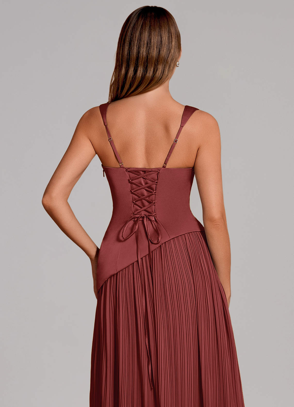 Stephanie A-Line Square-Neck Stretch Satin and Chiffon Bridesmaid Dress in Terracotta