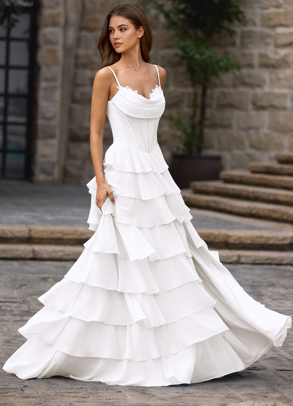Floralace A-Line Ruffle Chiffon Evening Dress in White