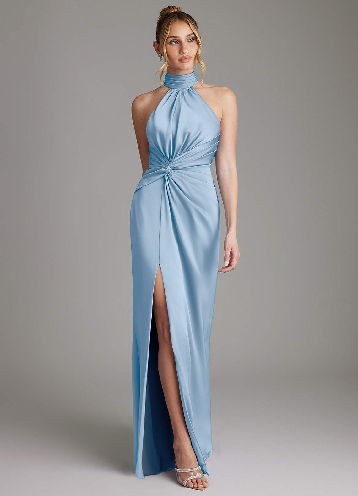 Gracelynn Sheath Halter Stretch Satin Bridesmaid Dress in Powder Blue