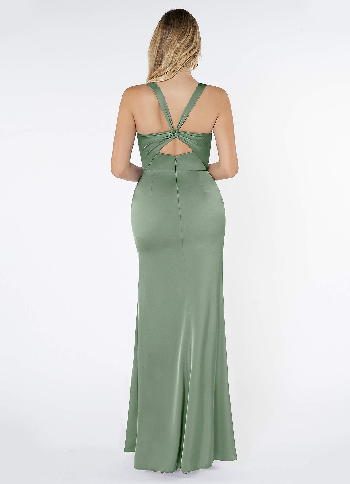 Mero Mermaid Square-Neck Stretch Satin Bridesmaid Dress in Matcha
