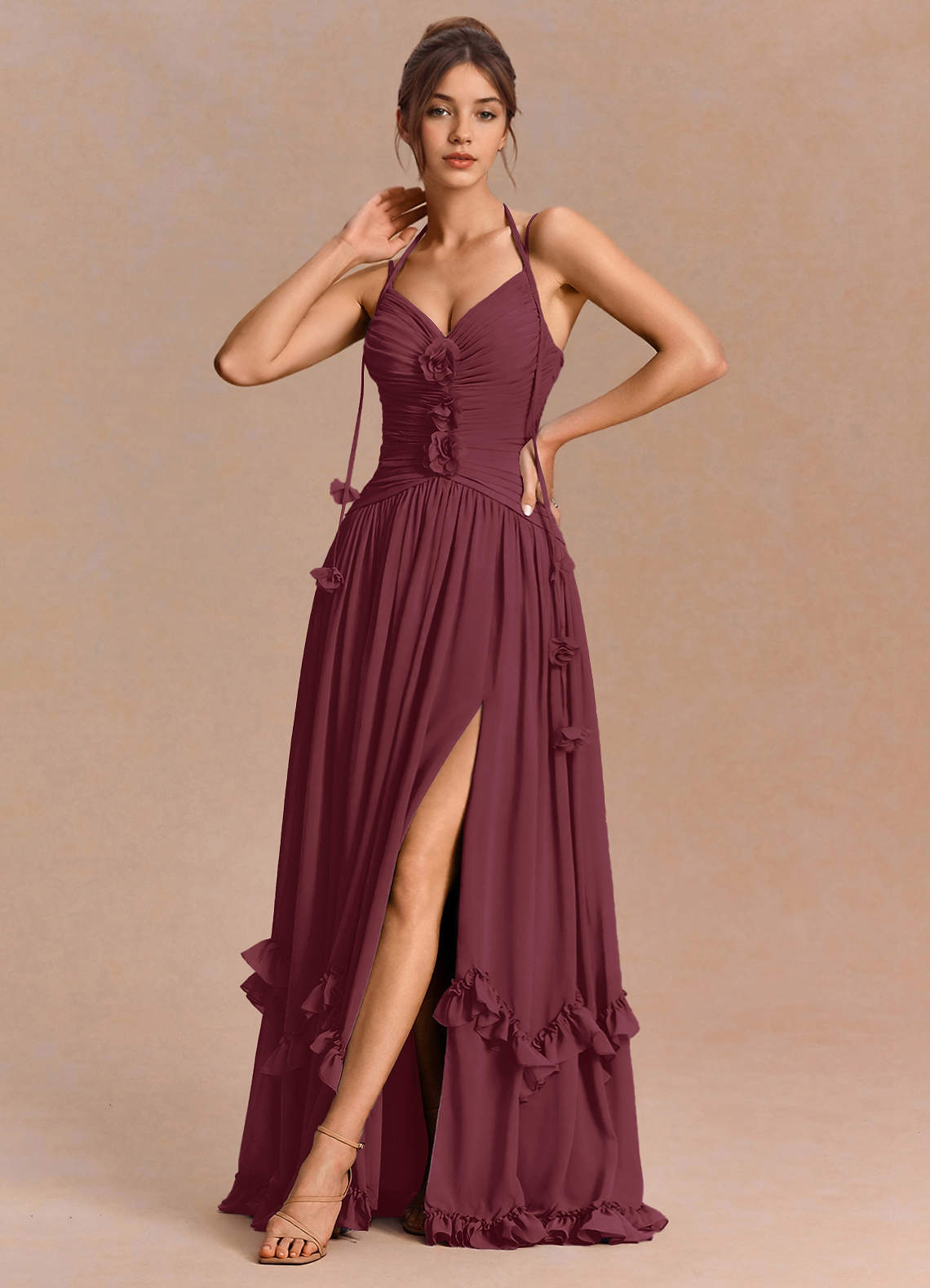 Eulalie A-Line Floral-Appliqué Chiffon Evening Dress in Wine