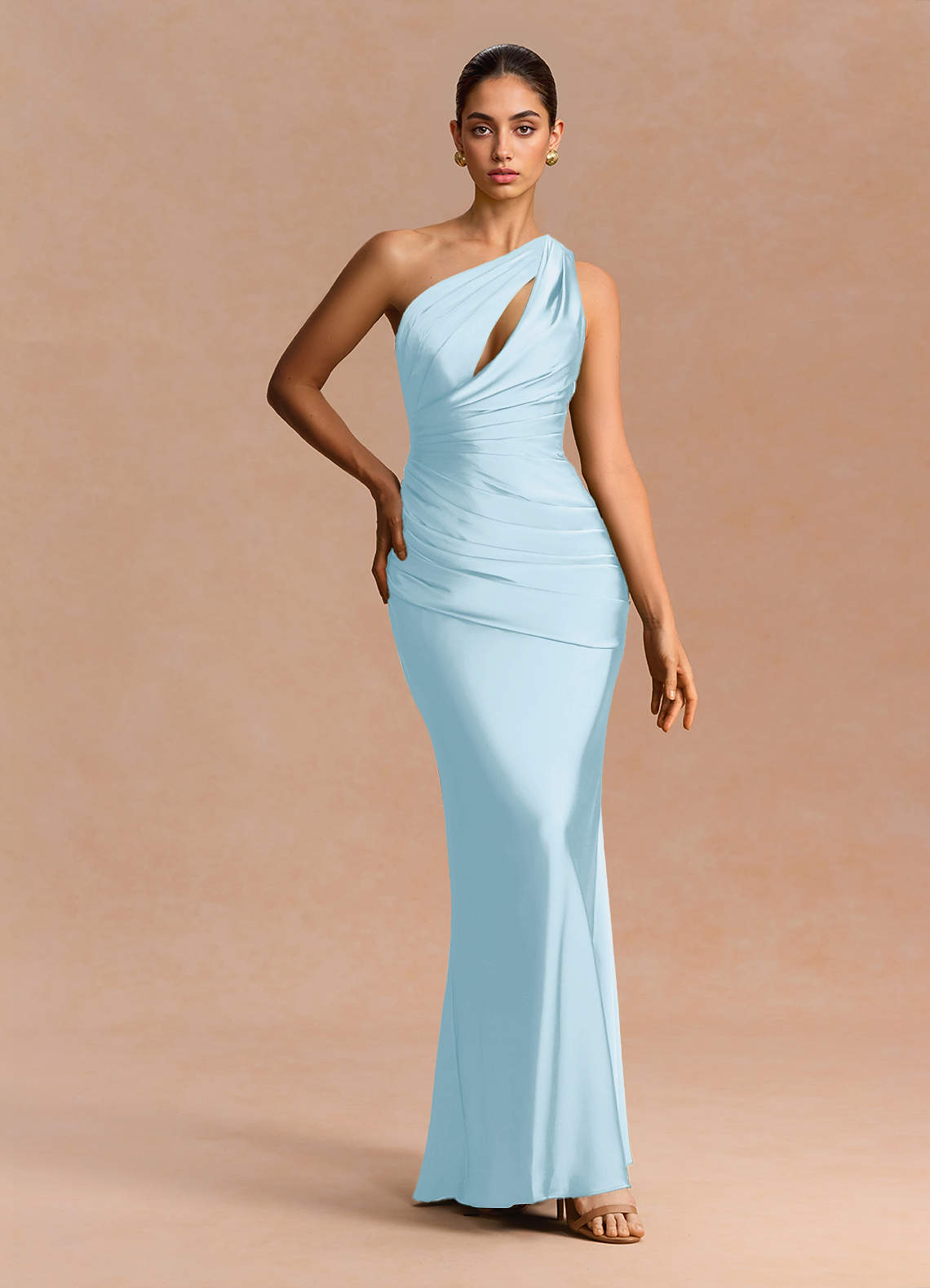 Guinevere One-Shoulder Cutout Stretch Satin Evening Dress in Light Blue