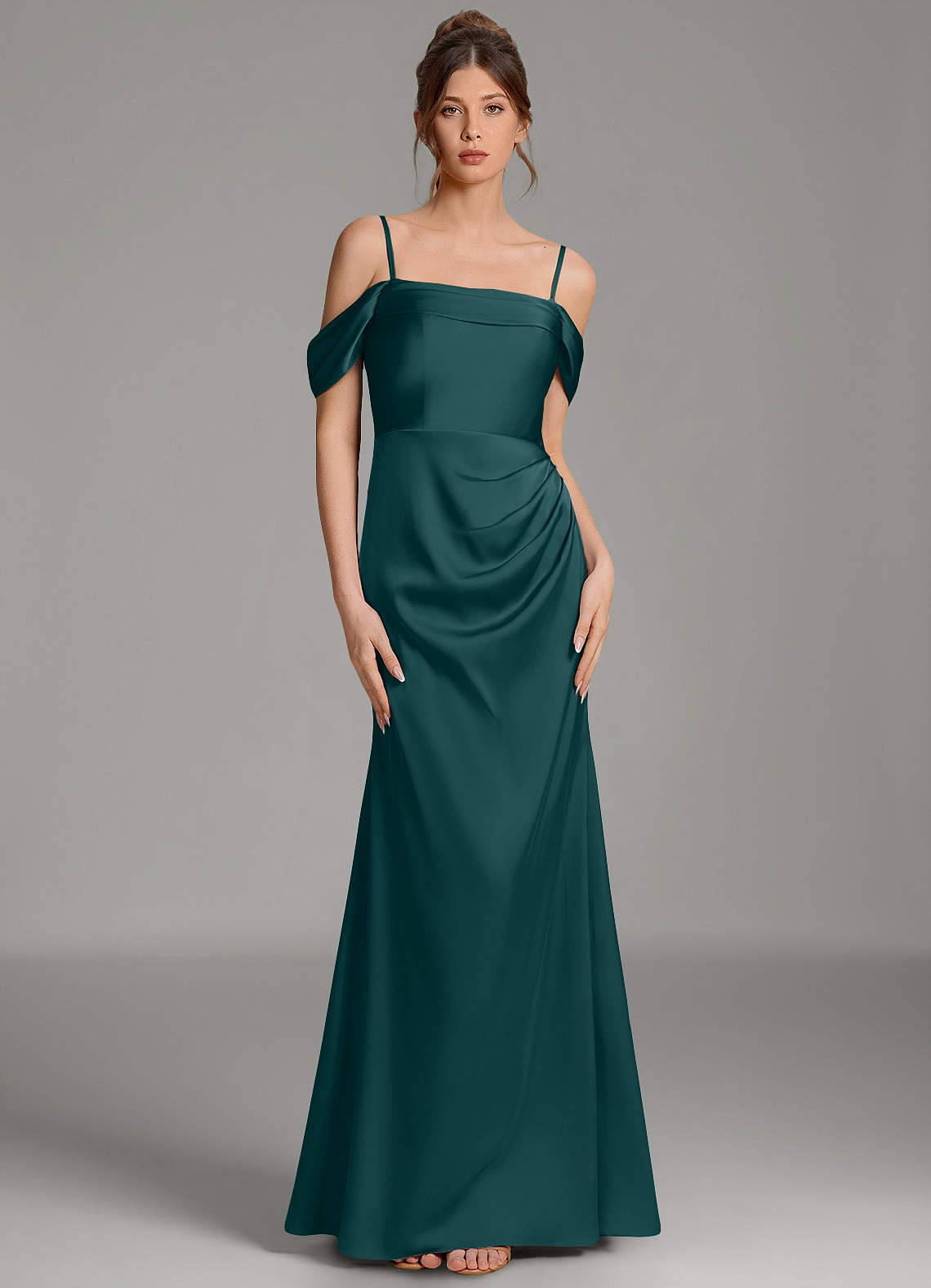 Wyatt Mermaid Off-the-Shoulder Stretch Satin Bridesmaid Dress in Pine