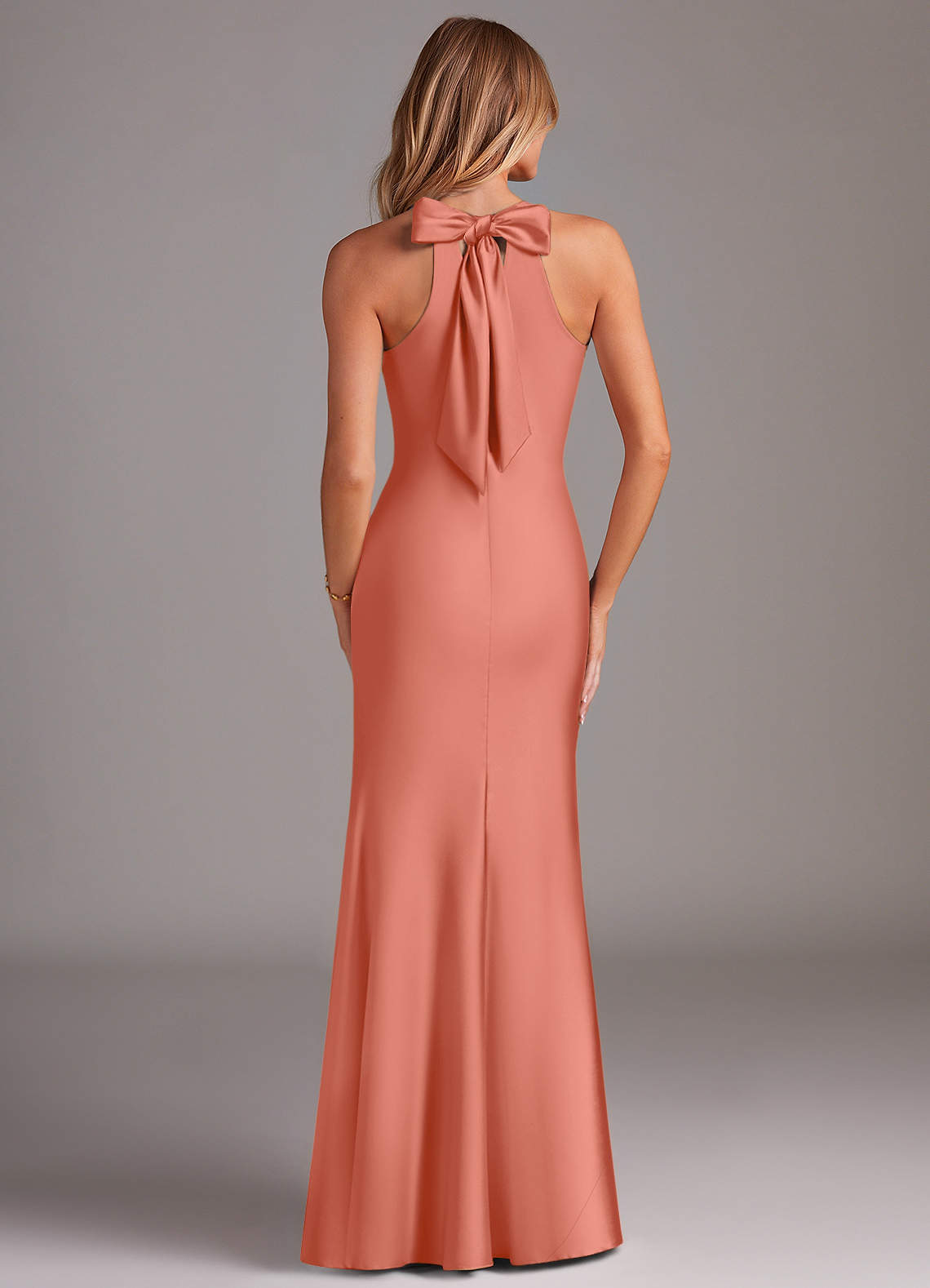 Doretta Mermaid Halter Stretch Satin Bridesmaid Dress in Salmon Pink