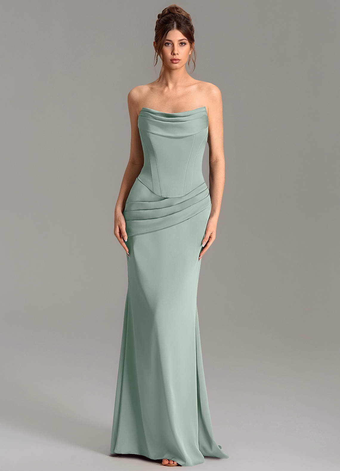 Adrienne Mermaid Cowl-Neck Stretch Satin Bridesmaid Dress in Agave
