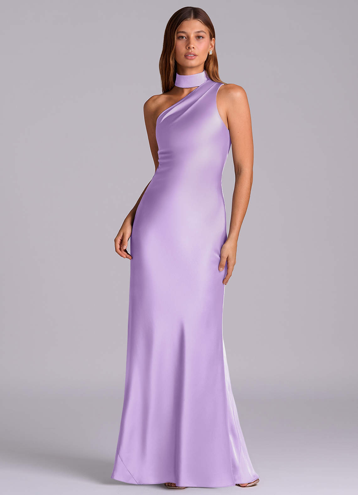 Seona Mermaid One-Shoulder Stretch Satin and Tulle Bridesmaid Dress in Lilac