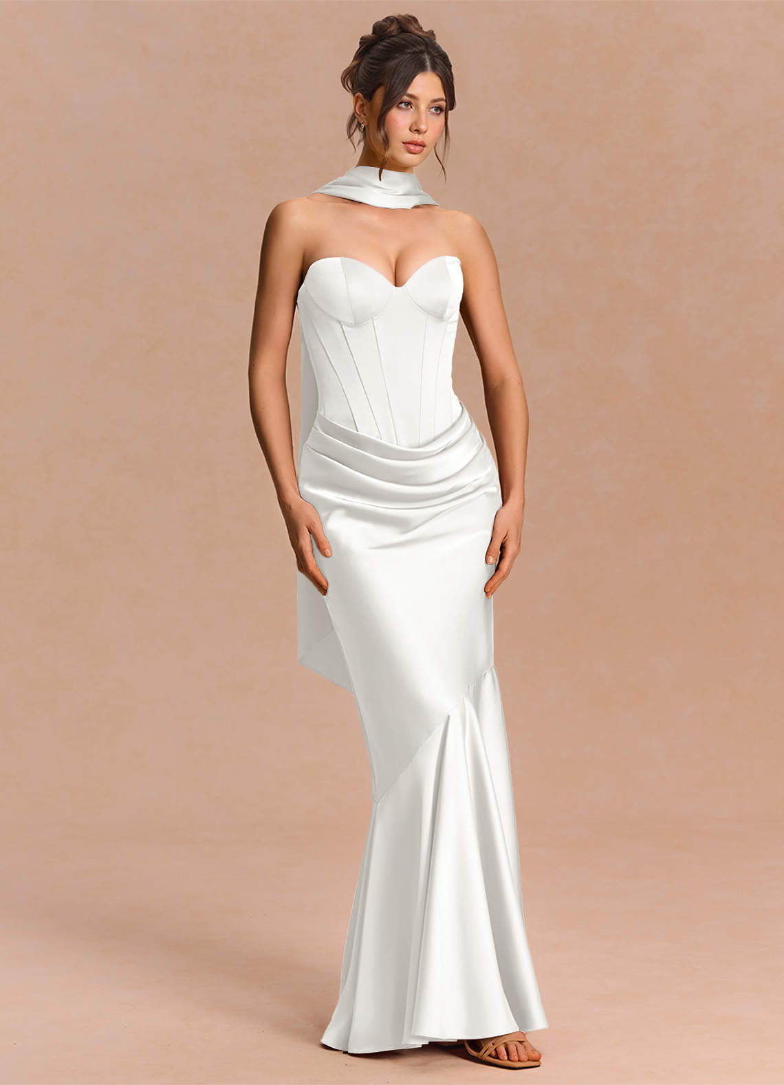 Euphemia Mermaid Strapless Stretch Satin Evening Dress in White