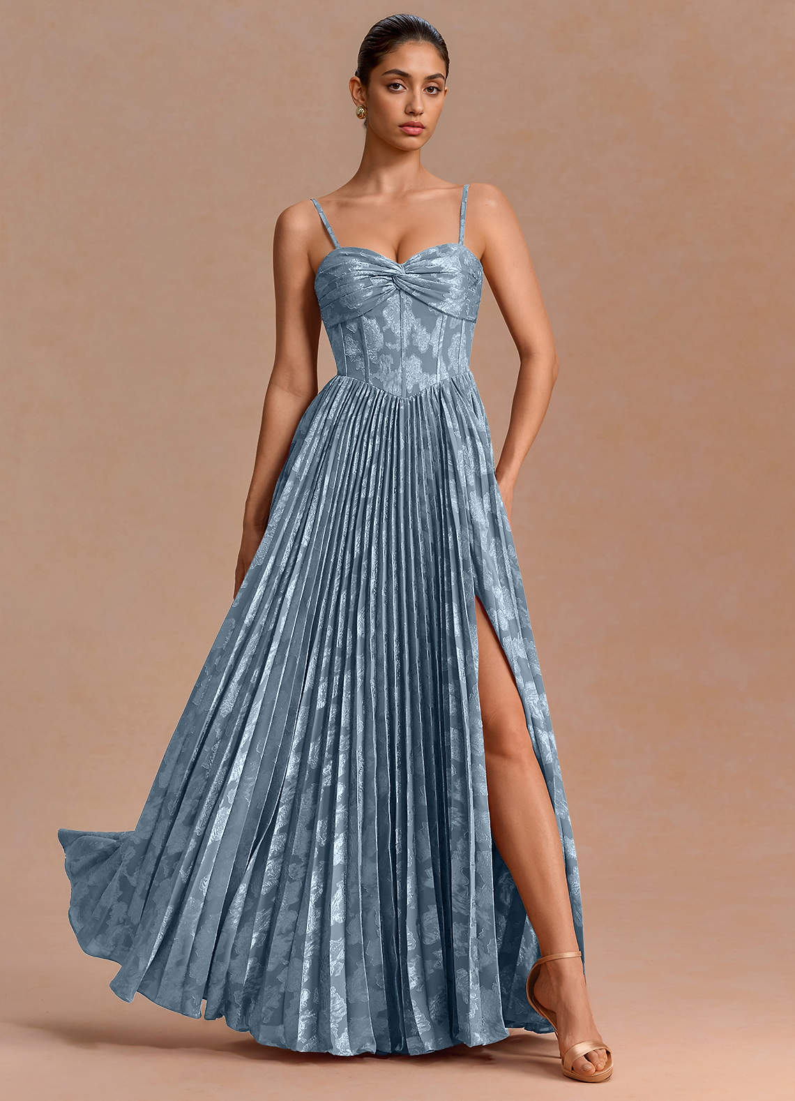 Delfina A-Line Twisted-Bust Fil Coupé Evening Dress in Dusty Blue