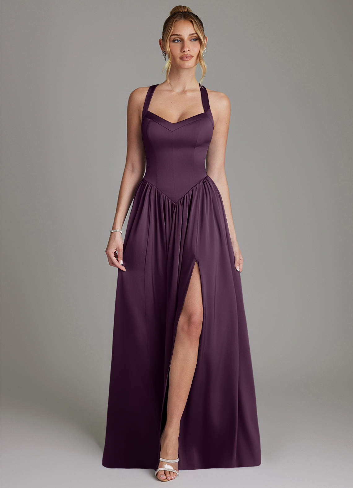 Francis A-Line V-Neck Stretch Satin Bridesmaid Dress in Plum