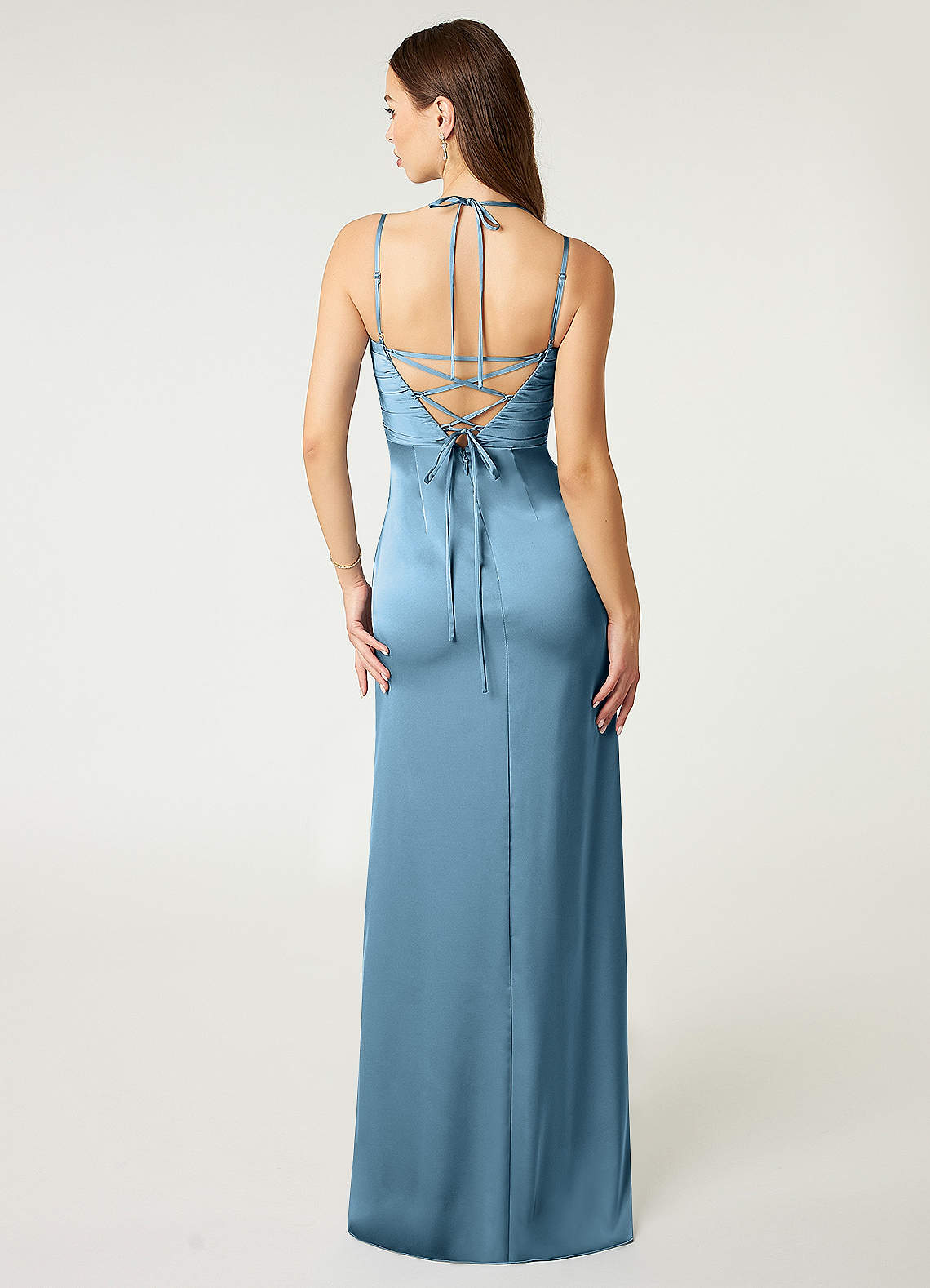 Desi Sheath Halter Stretch Satin Bridesmaid Dress in Steel Blue