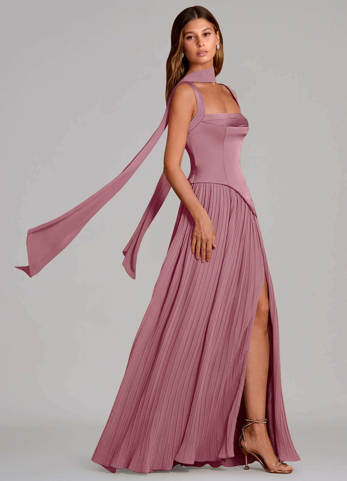 Stephanie A-Line Square-Neck Stretch Satin and Chiffon Bridesmaid Dress in Vintage Mauve