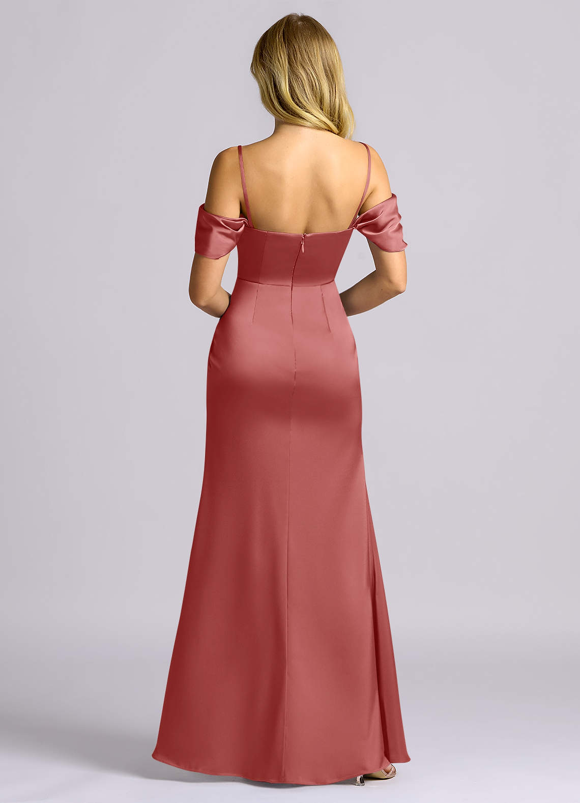 Auden Sheath Off-the-Shoulder Stretch Satin Bridesmaid Dress in Antique Rose