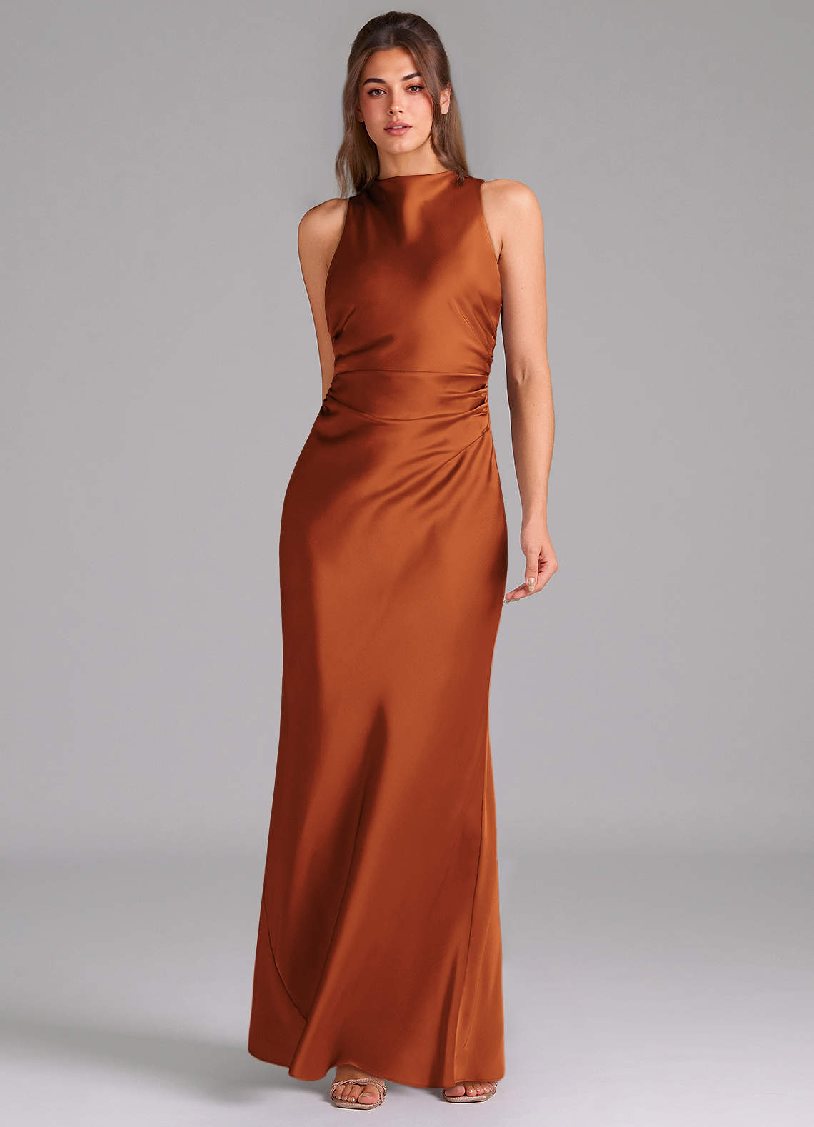 Evadne Sheath Scoop-Neck Stretch Satin Bridesmaid Dress in Cinnamon