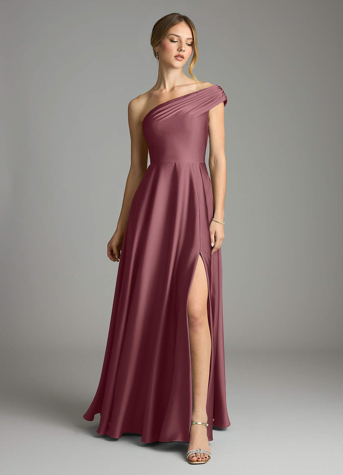 Melanie A-Line One-Shoulder Stretch Satin Bridesmaid Dress in Desert Rose