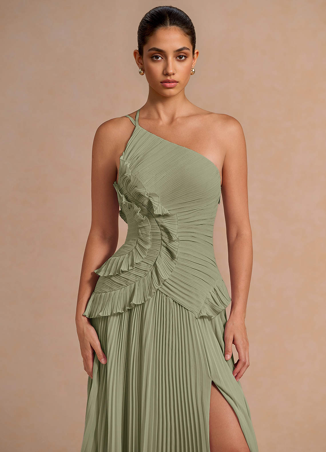 Melody A-Line One-Shoulder Chiffon Evening Dress in Pistachio