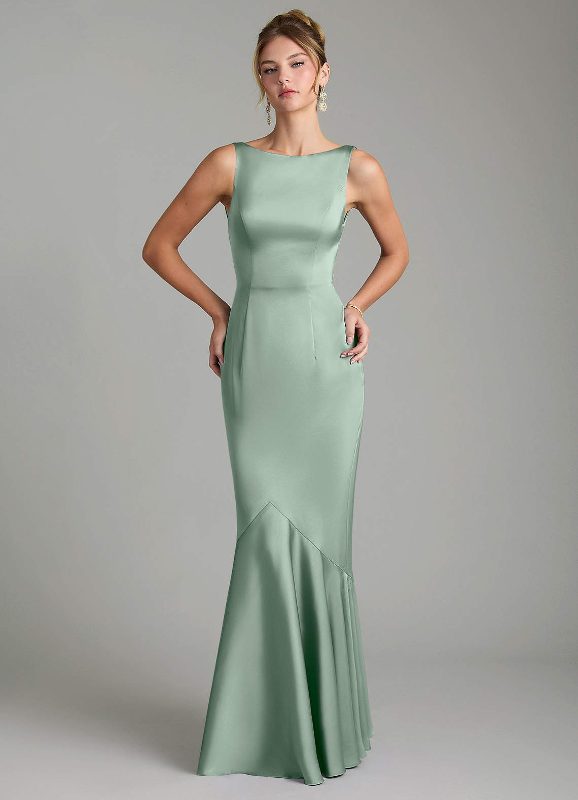 Tamera Mermaid Boat-Neck Stretch Satin and Chiffon Bridesmaid Dress in Agave