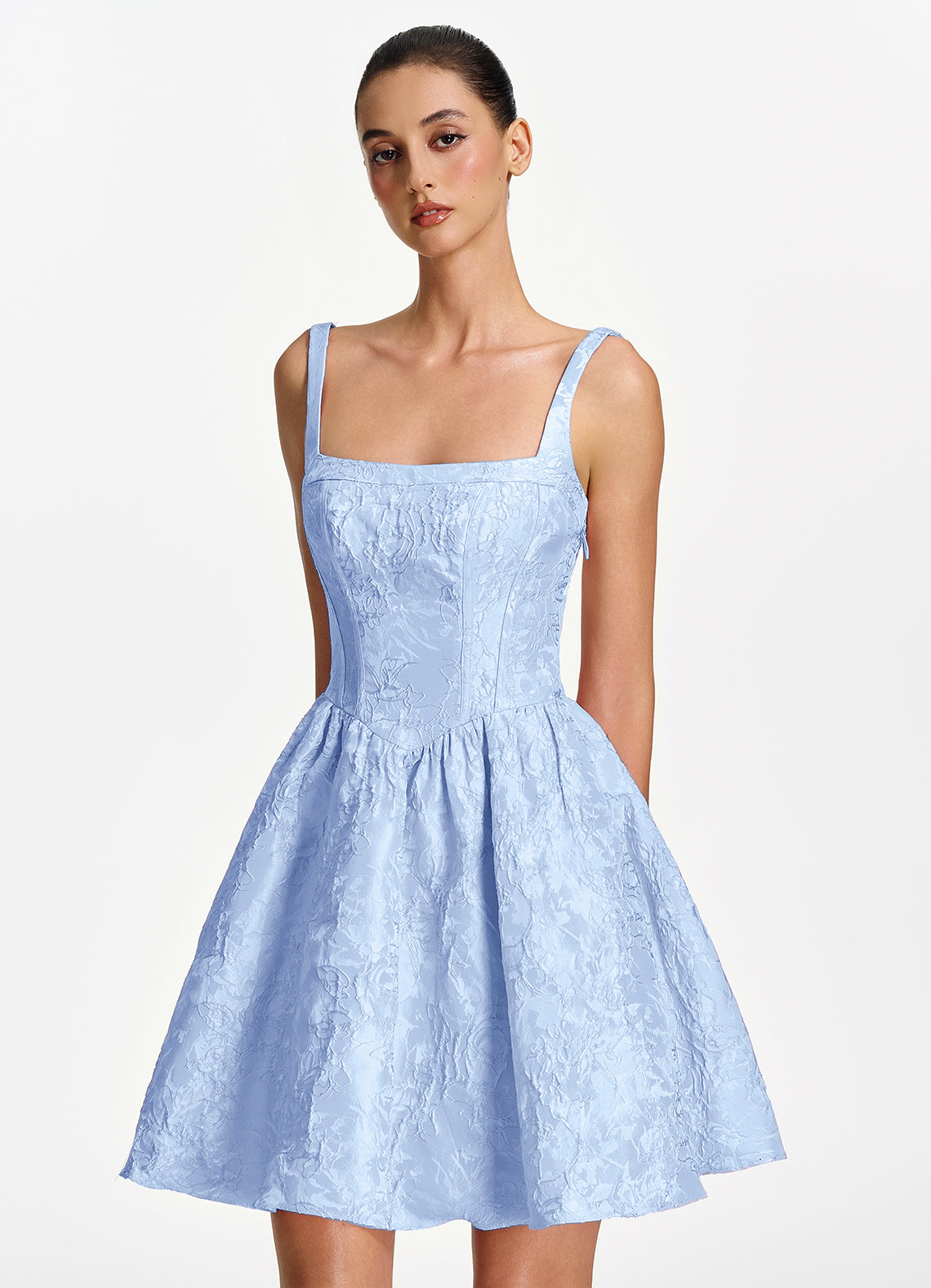 Lionelle Skater Mini Square-Neck Jacquard Prom Dress in Sky Blue