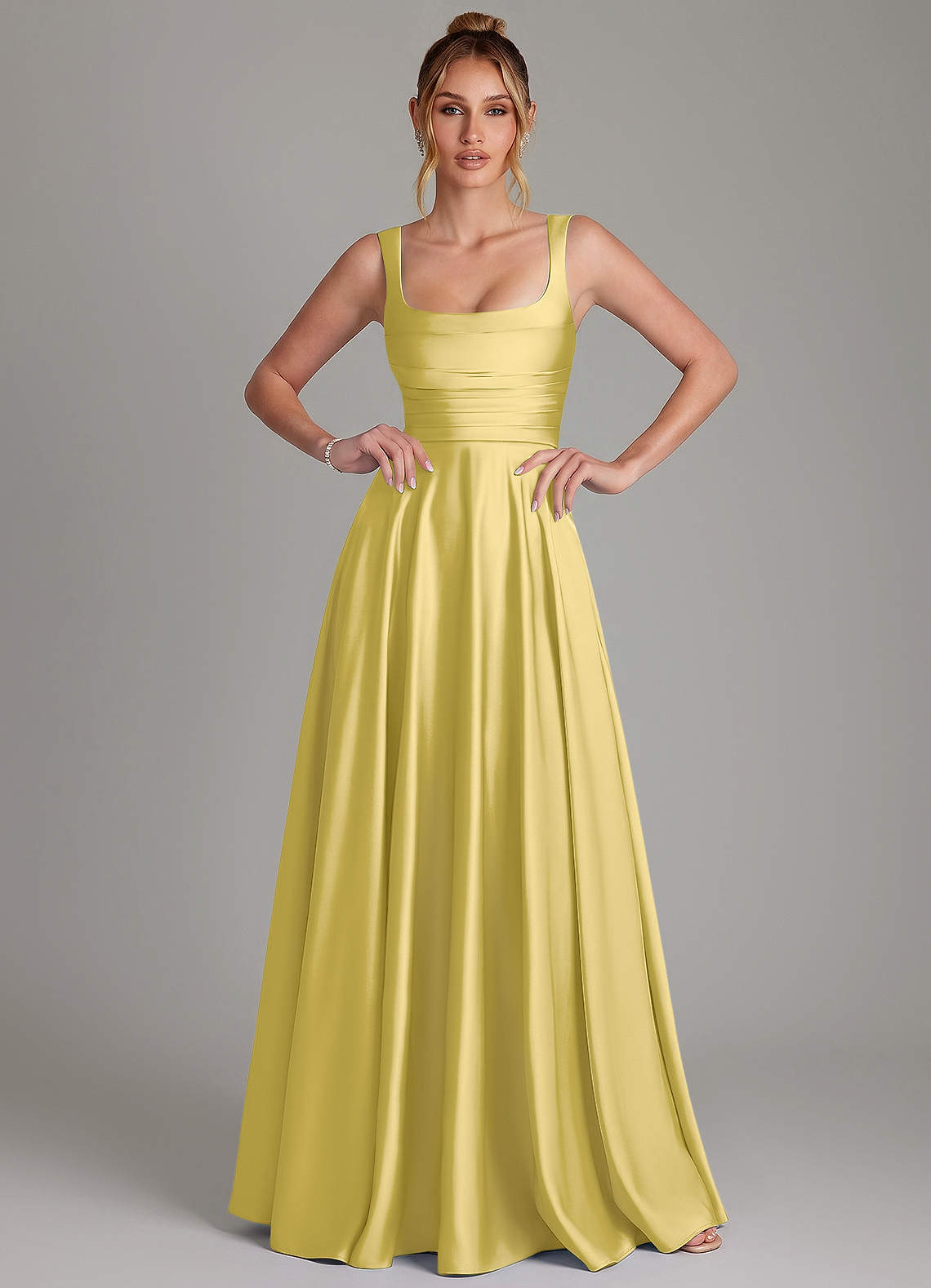 Azaria A-Line Square-Neck Stretch Satin Bridesmaid Dress in Canary