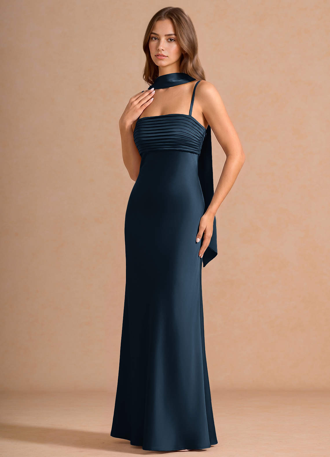 Seraphina A-Line Scarf Stretch Satin Evening Dress in Navy