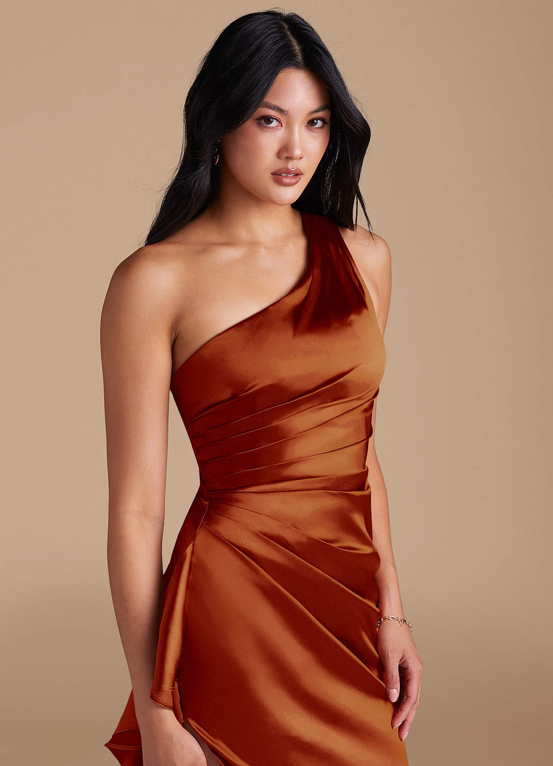 Latrice Sheath One-Shoulder Metallic Satin Bridesmaid Dress in Auburn