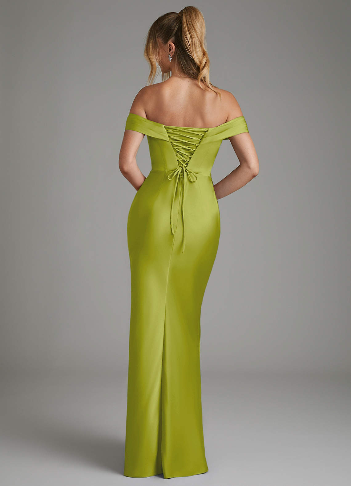 Hayden Mermaid Off-the-Shoulder Stretch Satin Bridesmaid Dress in Lemongrass