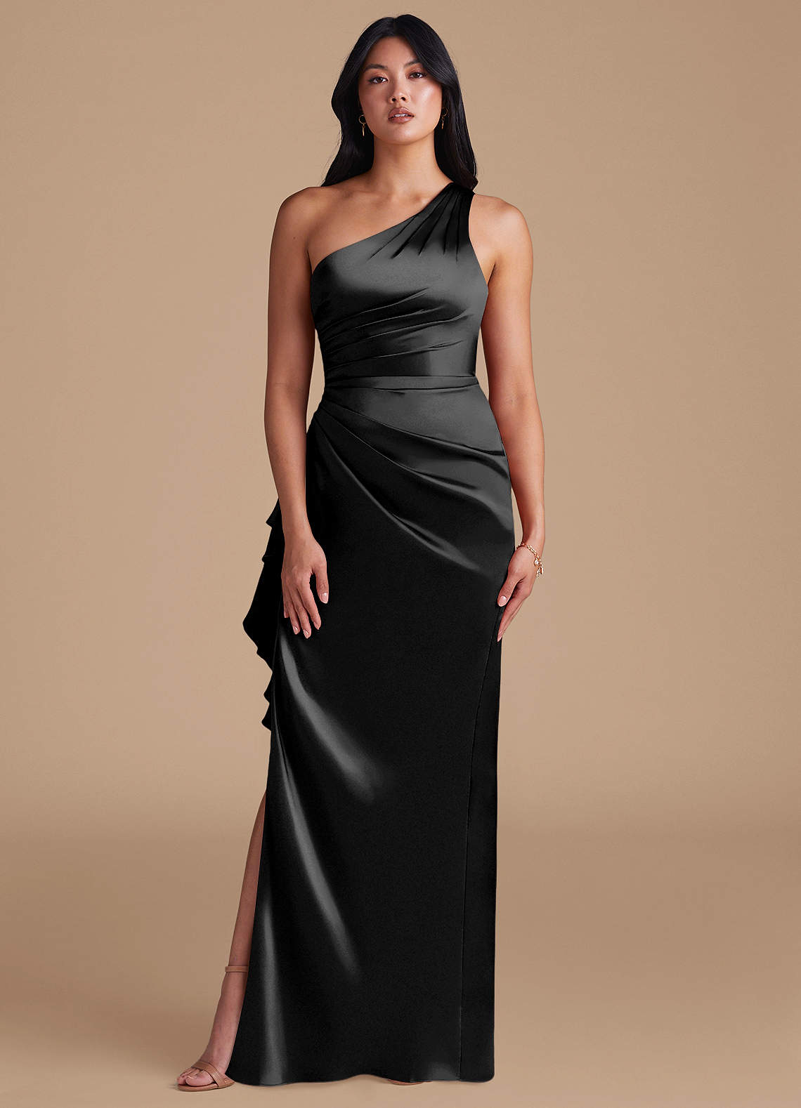 Latrice Sheath One-Shoulder Metallic Satin Bridesmaid Dress in black