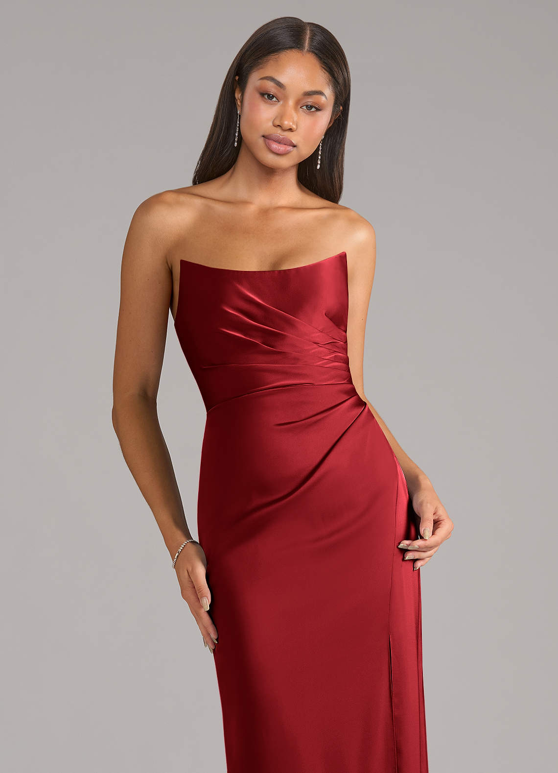 Marla Sheath Strapless Stretch Satin Bridesmaid Dress in Scarlet