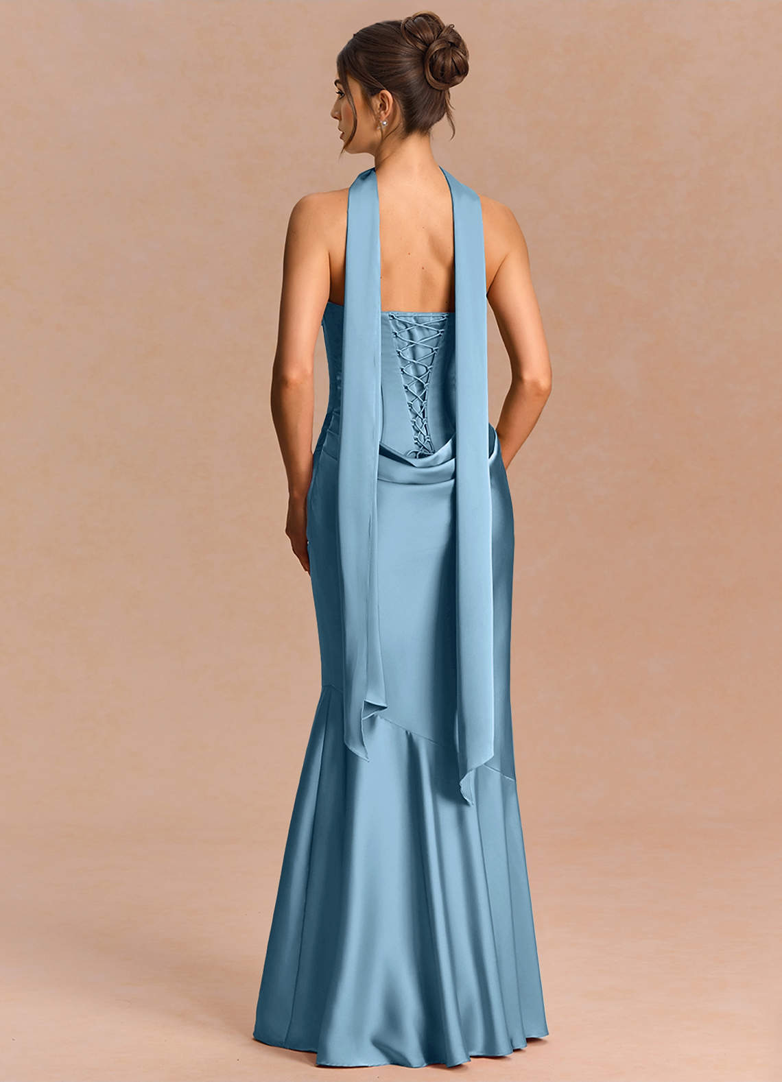 Euphemia Mermaid Strapless Stretch Satin Evening Dress in Steel Blue