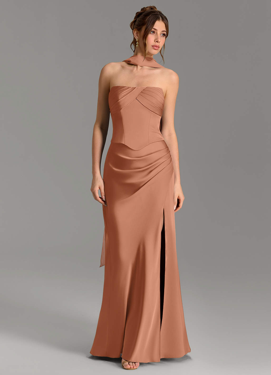 Nicki Sheath Scoop-Neck Stretch Satin Bridesmaid Dress in Bronzer