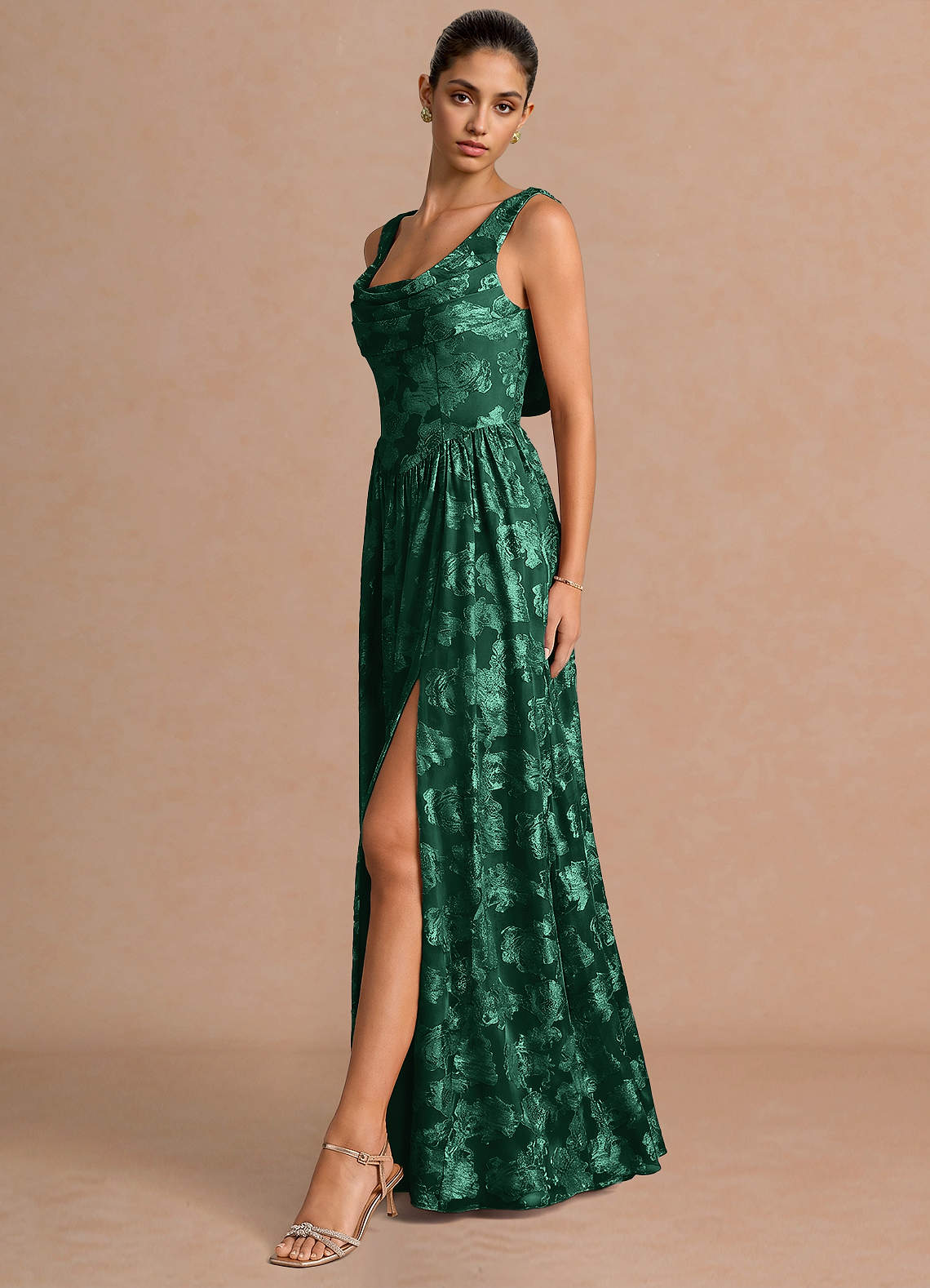 Novi A-Line Draped-Neck Floral Fil Coupé Evening Dress in Hunter Green
