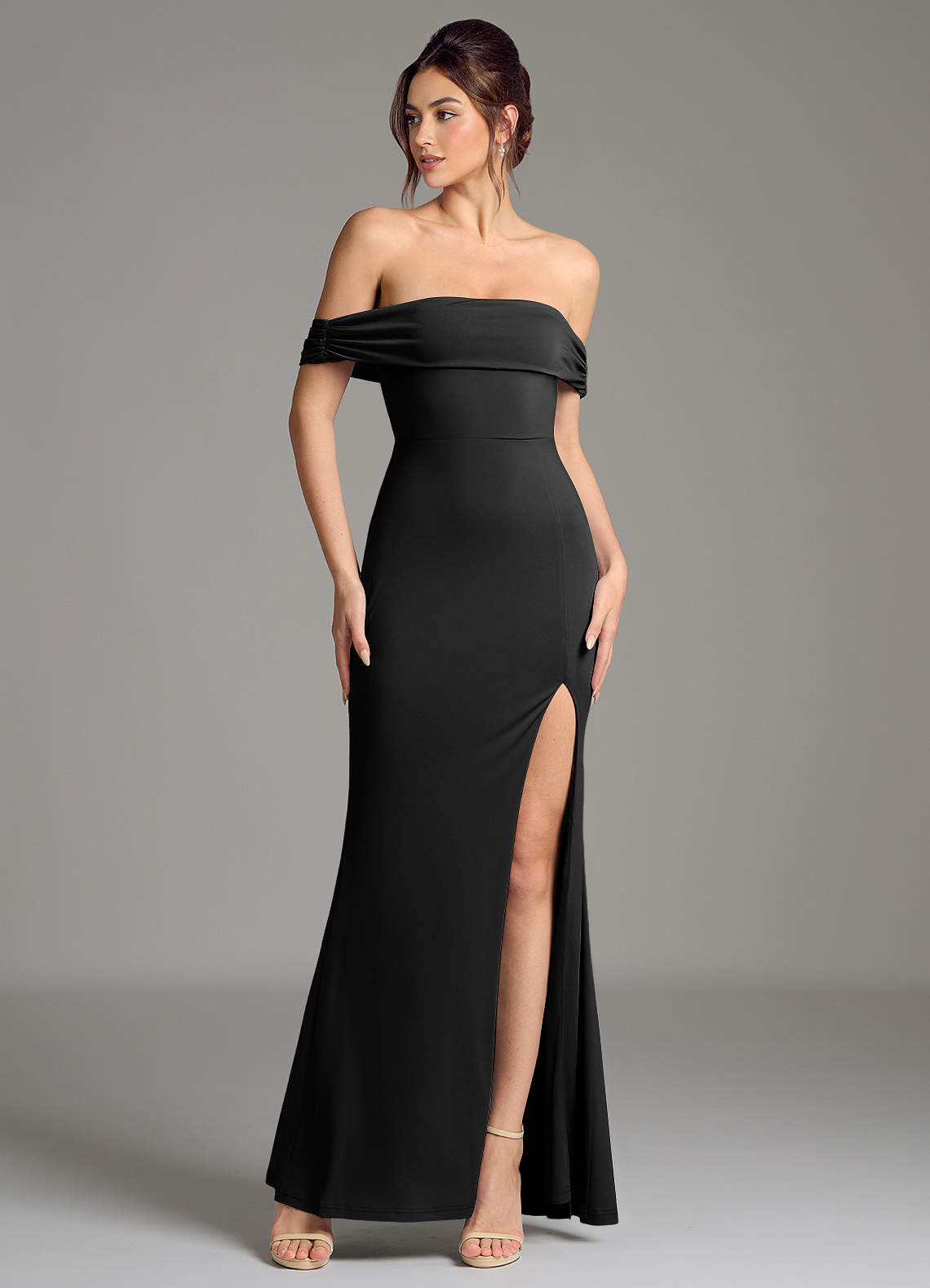 Evangelia Mermaid Off-the-Shoulder Stretch Jersey Bridesmaid Dress in black