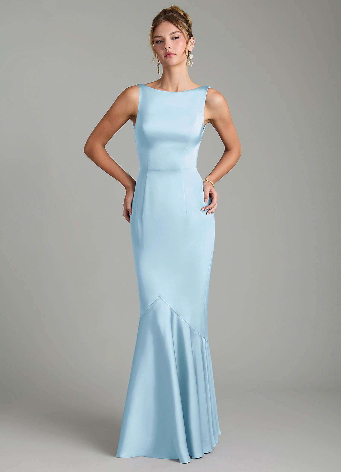 Tamera Mermaid Boat-Neck Stretch Satin and Chiffon Bridesmaid Dress in Sky Blue