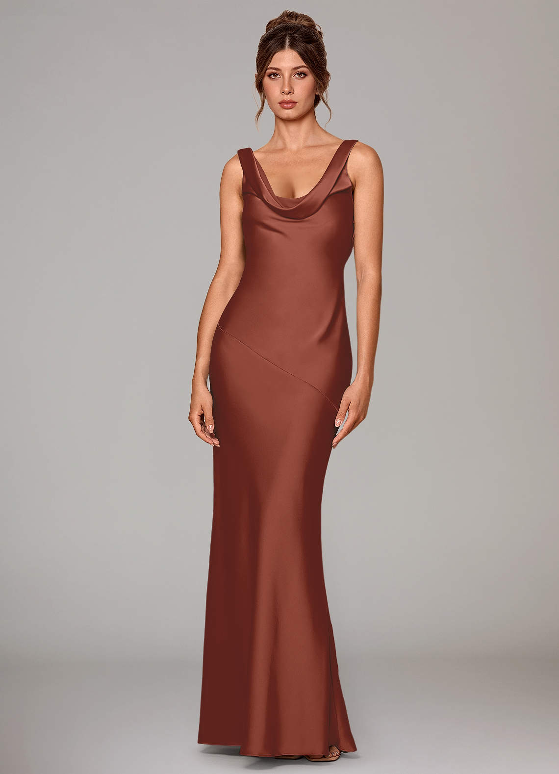 Rylina Mermaid Cowl-Neck Stretch Satin Bridesmaid Dress in Auburn