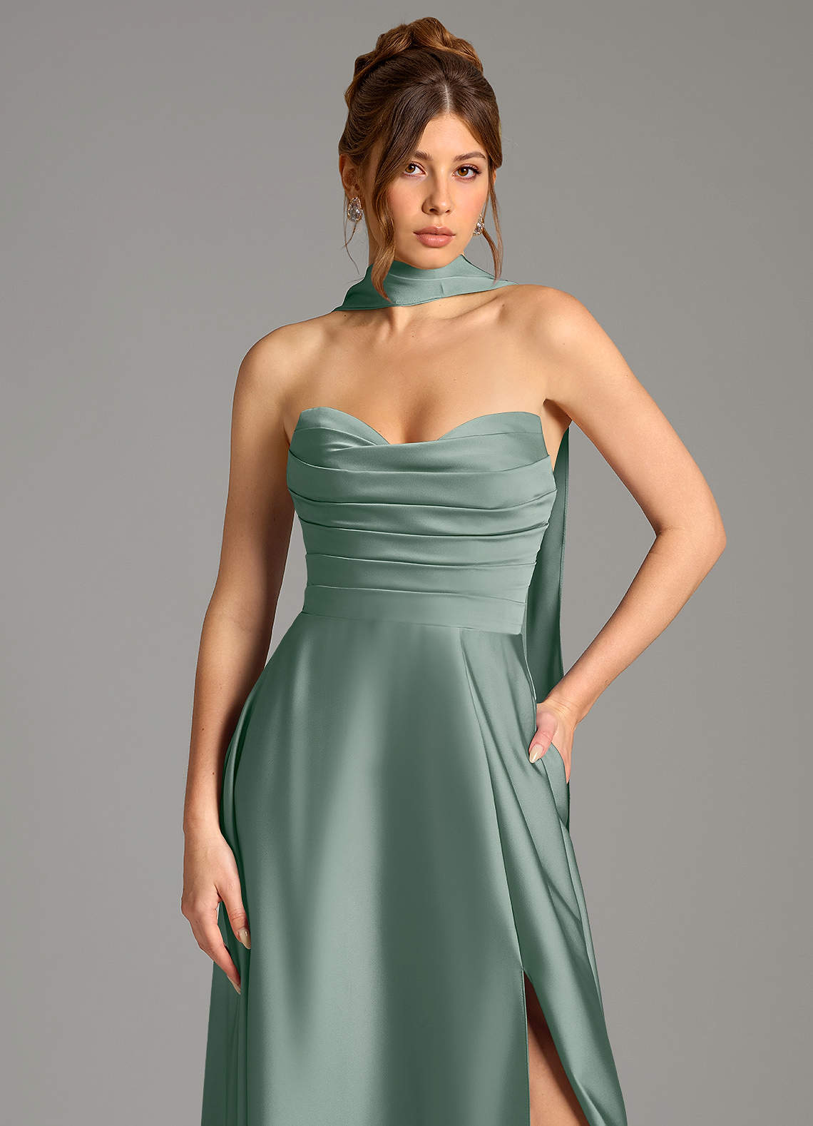 Ayla A-Line Sweetheart Stretch Satin Bridesmaid Dress in Silver Sage
