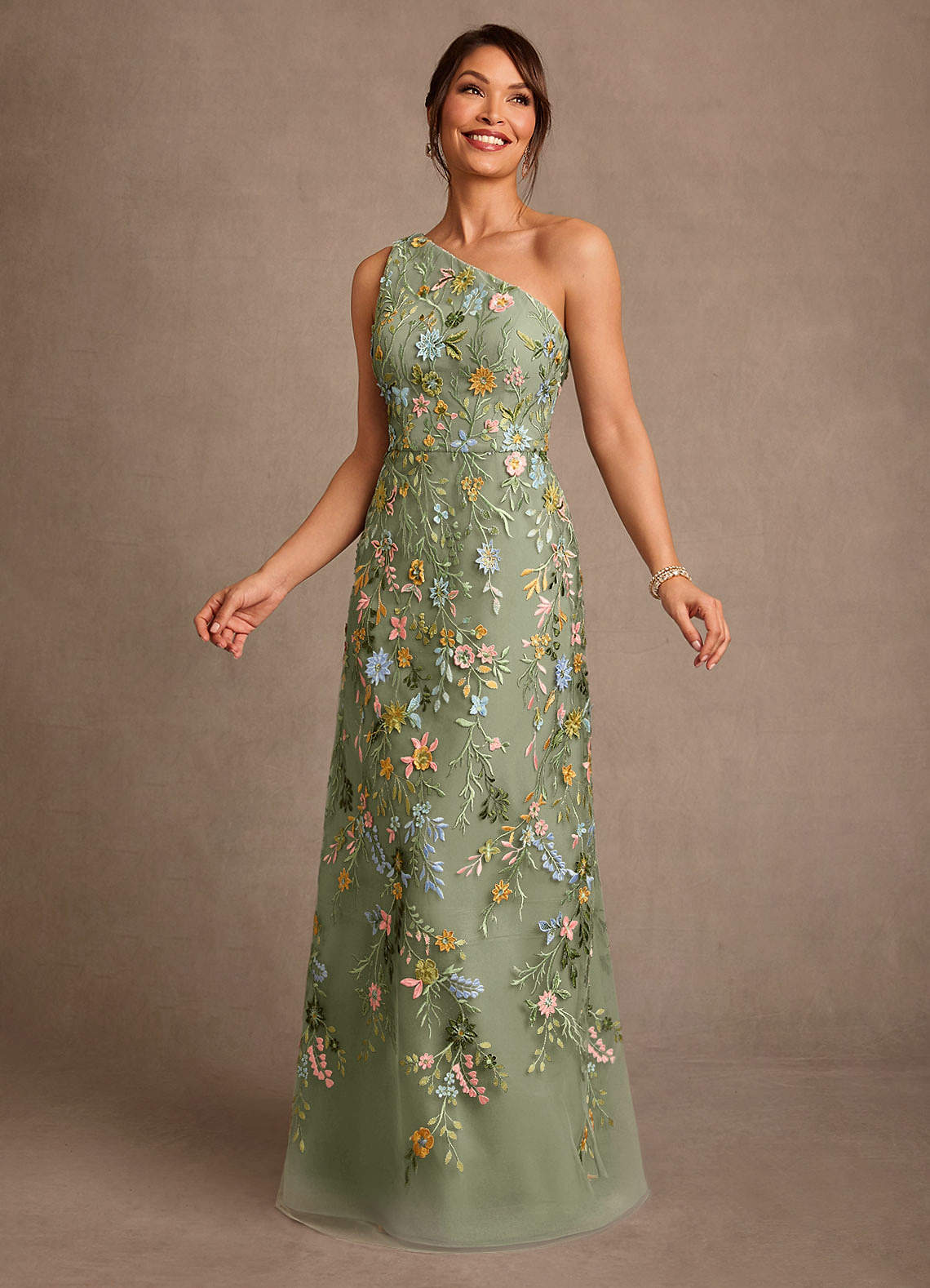 Bertie A-Line One-Shoulder Lace Mother of the Bride Dress in Pistachio