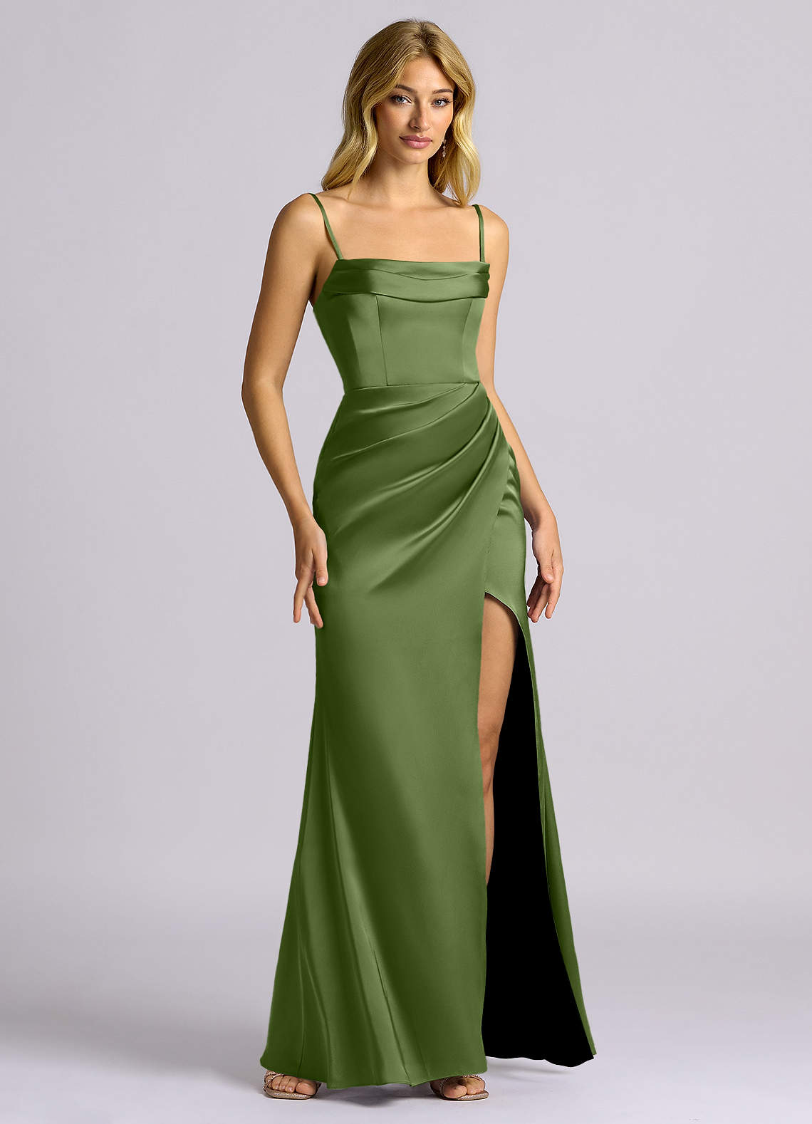 Auden Sheath Off-the-Shoulder Stretch Satin Bridesmaid Dress in Juniper