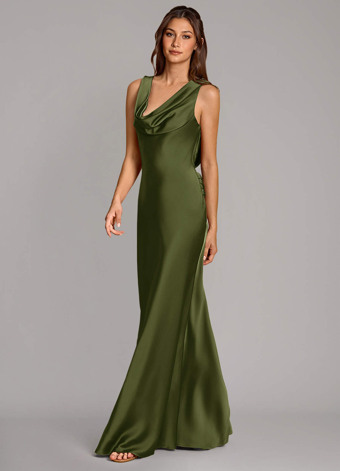Cheryl Mermaid Cowl-Neck Stretch Satin Bridesmaid Dress in Olive