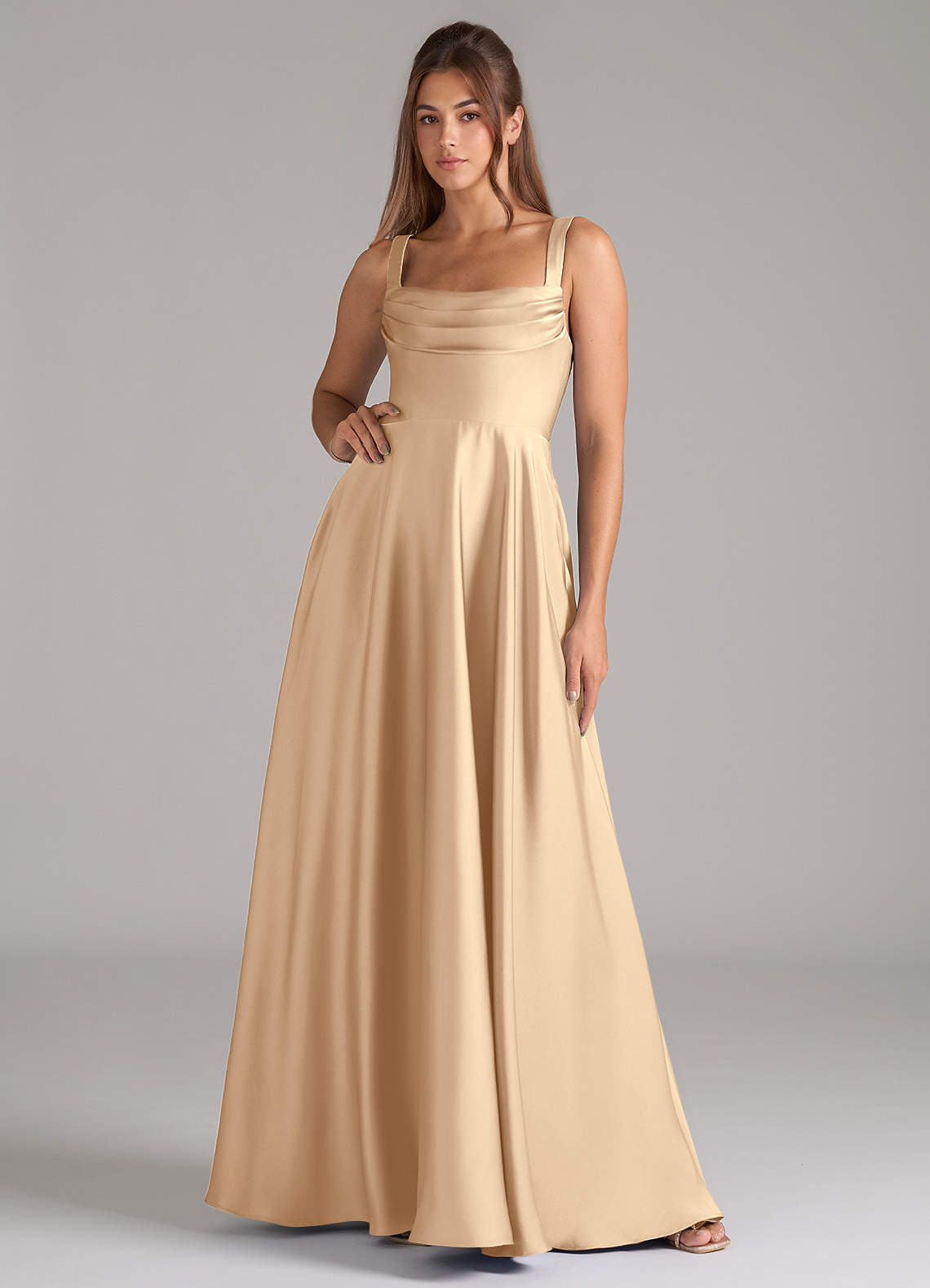 Shaude A-Line Square-Neck Stretch Satin Bridesmaid Dress in Champagne