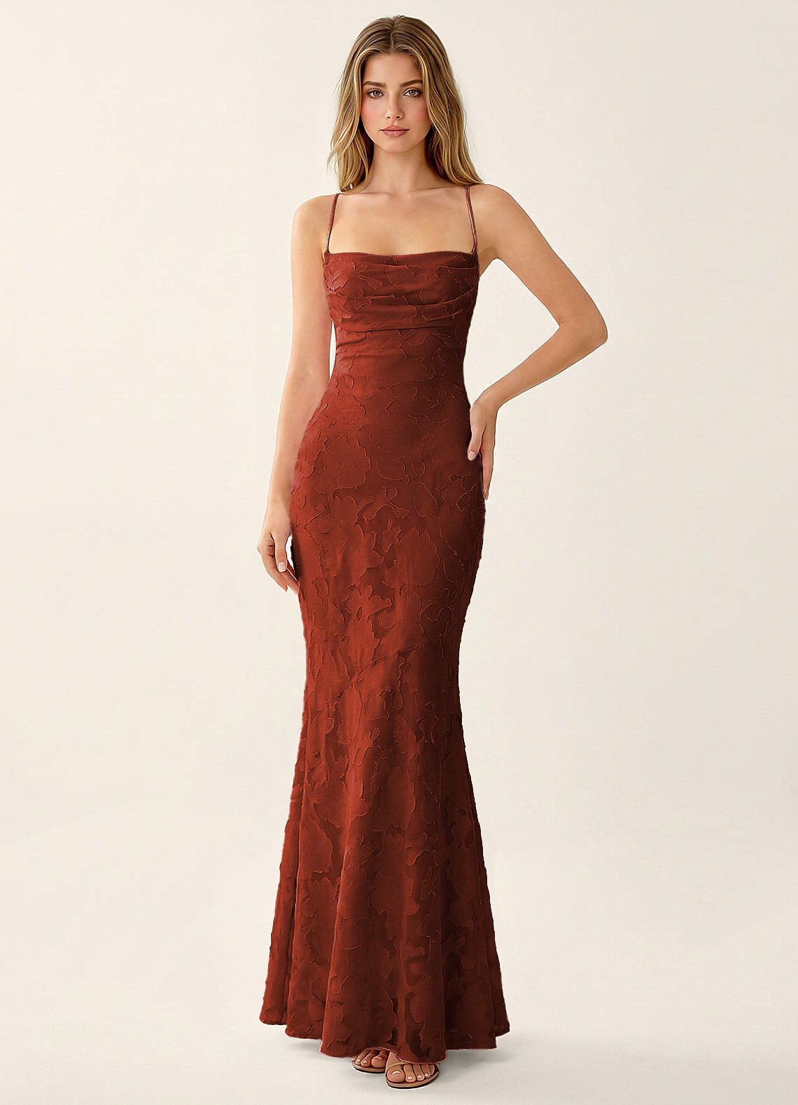 Natasha Mermaid Spaghetti-Strap Floral Burnout Evening Dress in Burnt Umber