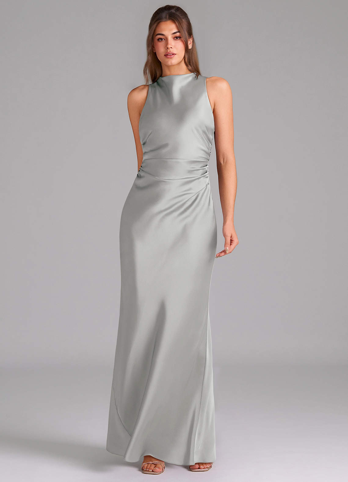 Evadne Sheath Scoop-Neck Stretch Satin Bridesmaid Dress in Silver