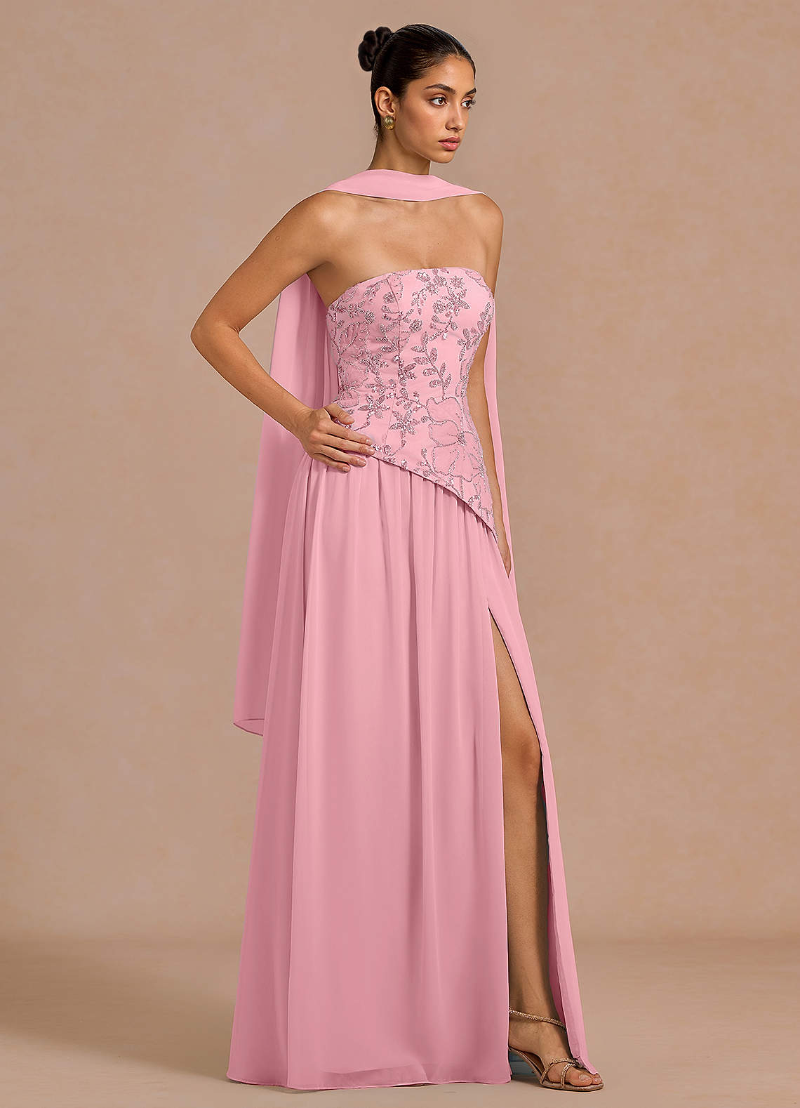 Galatea Sky Blue A-Line Floral Chiffon Evening Dress in Pink