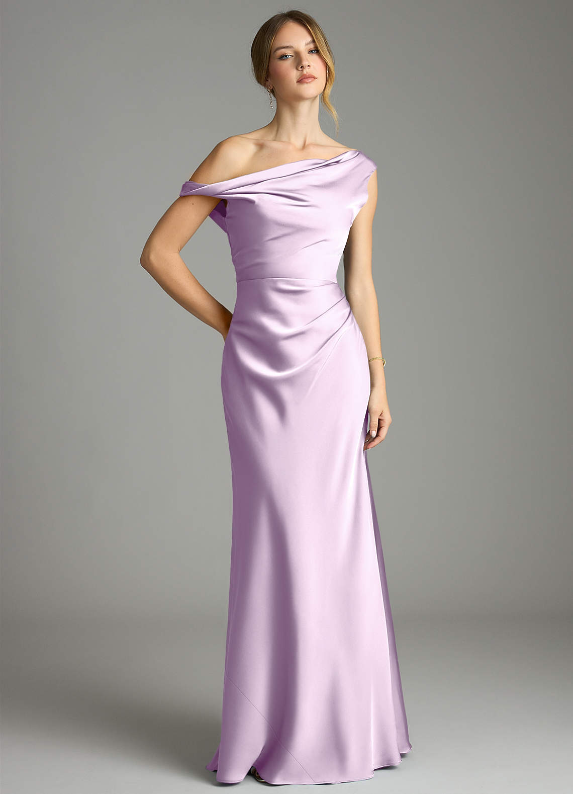 Emerson Mermaid One-Shoulder Stretch Satin Bridesmaid Dress in Frosted Lilac