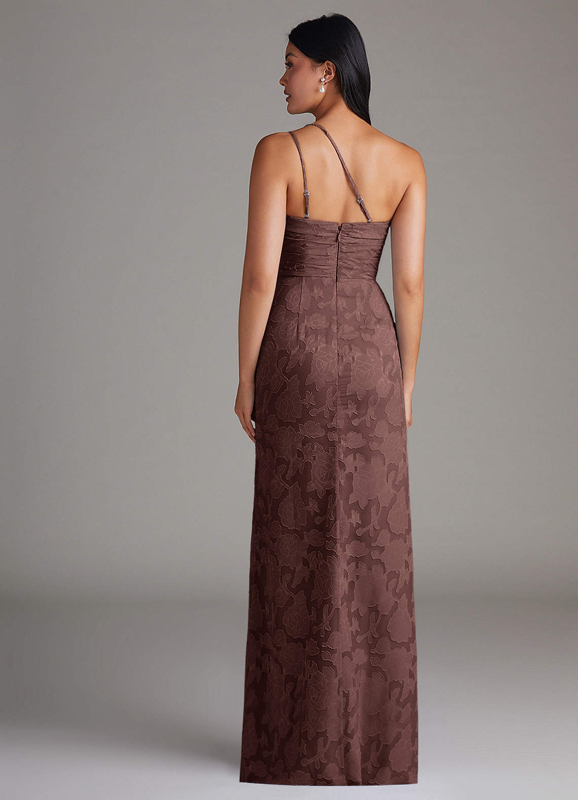 Eren Sheath One-Shoulder Floral Burnout Bridesmaid Dress in Espresso