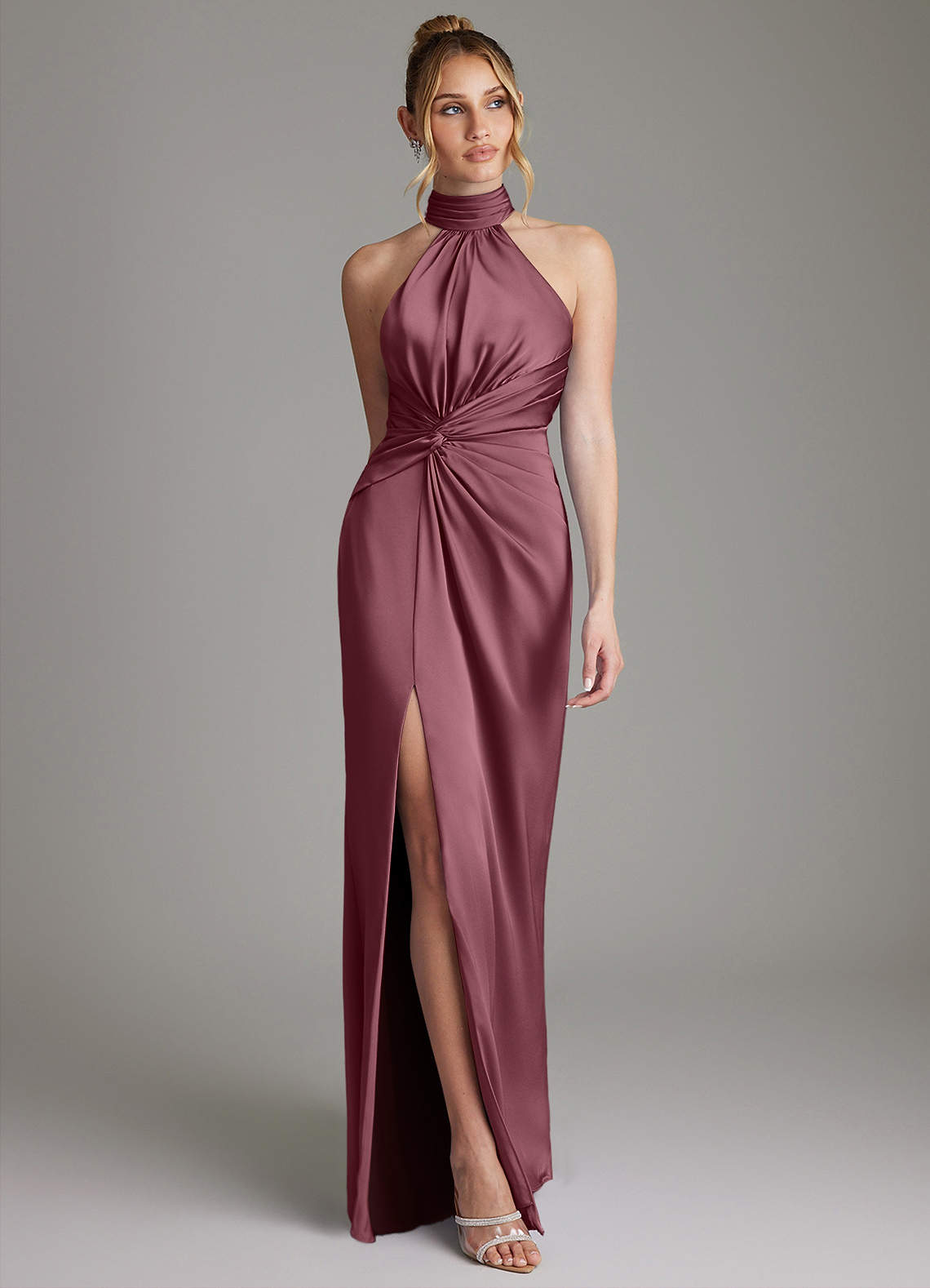 Gracelynn Sheath Halter Stretch Satin Bridesmaid Dress in Desert Rose