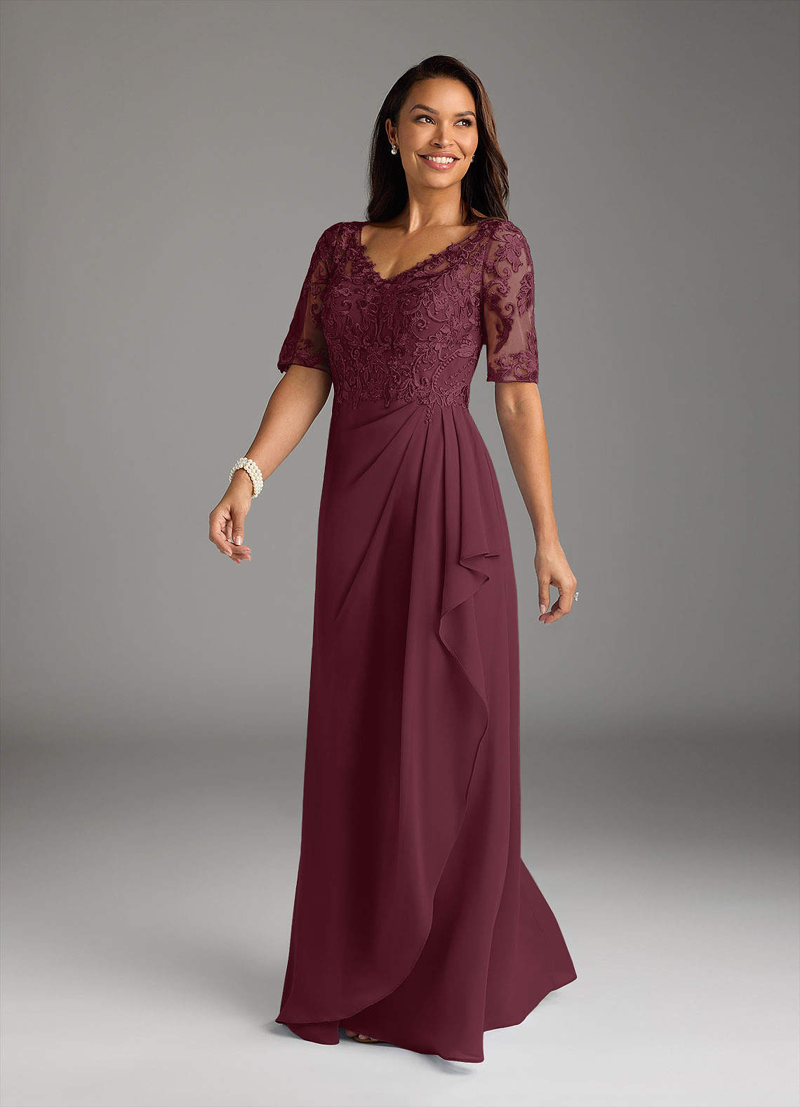 Amedeus A-Line V-Neck Chiffon and Lace Mother of the Bride Dress in Cabernet